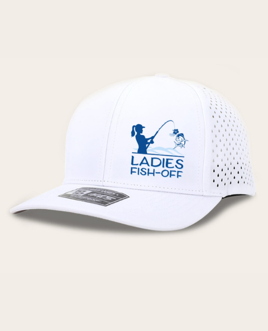 LADIES FISH-OFF WHITE WITH SMALL BLUE LOGO HAT