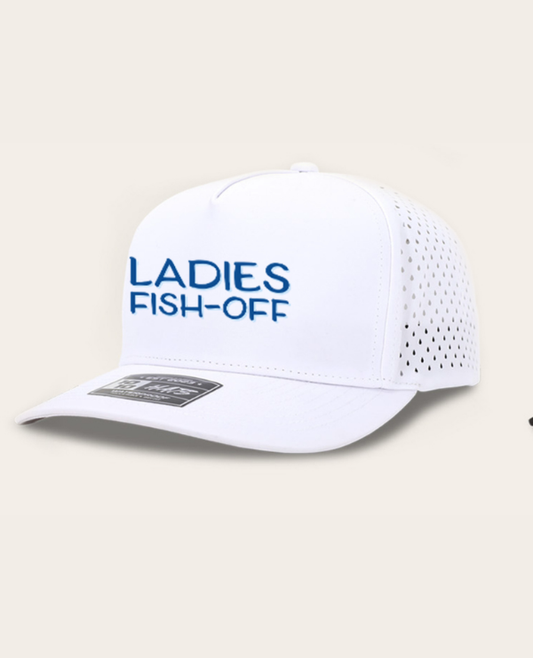 LADIES FISH-OFF WHITE WITH BLUE NAME HAT